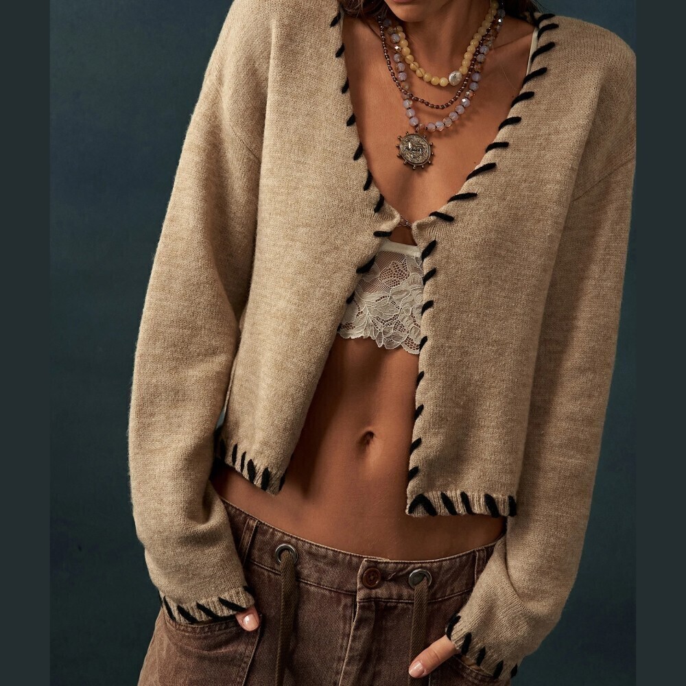 Tan Whipstitch Contrast Trim Cropped Cardigan